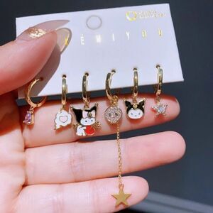 14K Gold Plated Sanrio Kuromi Hello Kitty Huggie Hoop Dangle Mismatched …